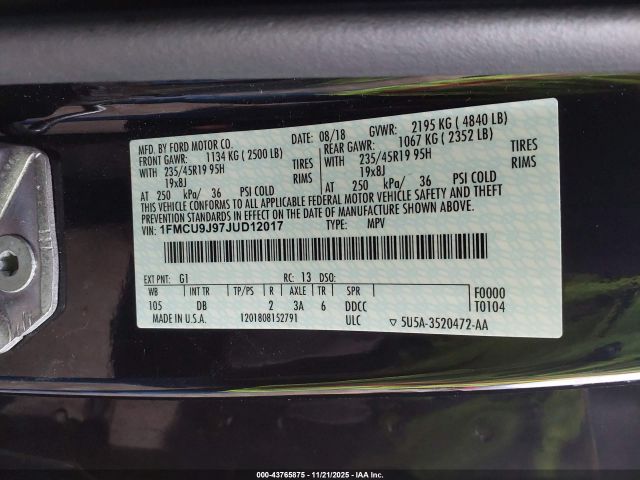 2018 FORD ESCAPE 1FMCU9J97JUD12017 Photo 8