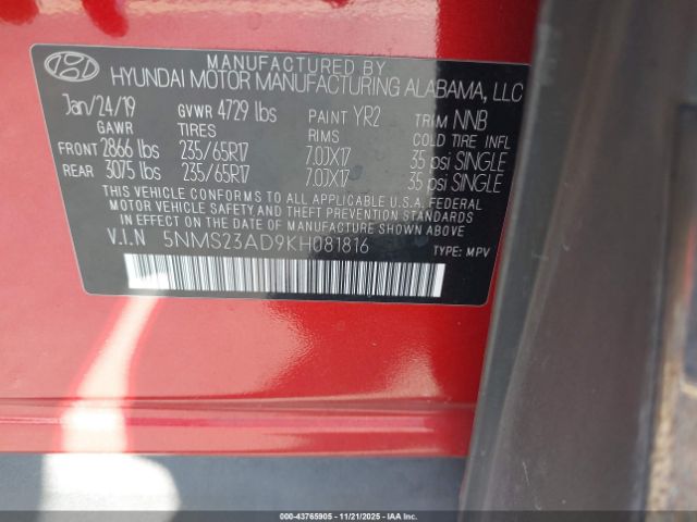 2019 HYUNDAI SANTA FE 5NMS23AD9KH081816 Photo 8