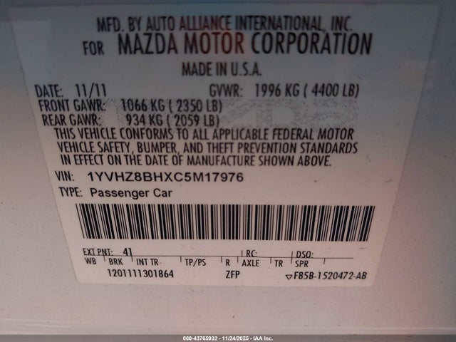 Aukcja sprzedaży 2012 Mazda Mazda6 I Sport, vin: 1YVHZ8BHXC5M17976, numer aukcji: 43765932