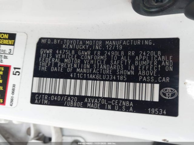 2020 TOYOTA CAMRY 4T1C11AK6LU334185 Photo 8