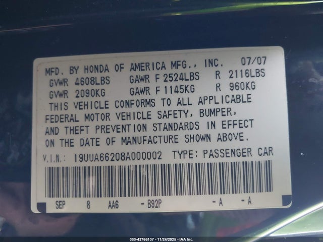 Продажа на аукционе авто 2008 Acura Tl 3.2, vin: 19UUA66208A000002, номер лота: 43766107