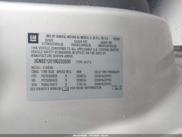 43766206 :رقم المزاد ، 3GNEC12018G233500 vin ، 2008 Chevrolet Avalanche 1500 Ltz مزاد بيع