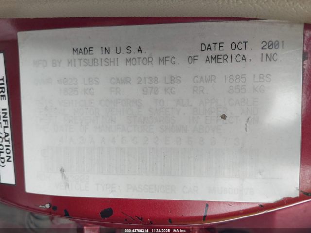 2002 MITSUBISHI GALANT 4A3AA46G22E068073 Photo 8