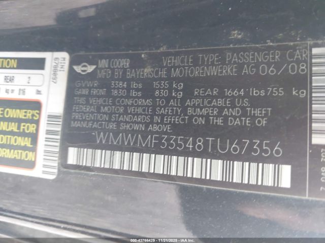 2008 MINI COOPER WMWMF33548TU67356 Photo 8