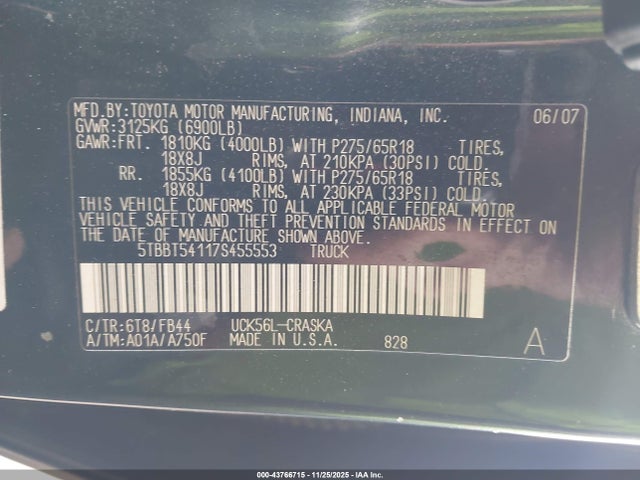 Aukcja sprzedaży 2007 Toyota Tundra Sr5 4.7l V8, vin: 5TBBT54117S455553, numer aukcji: 43766715