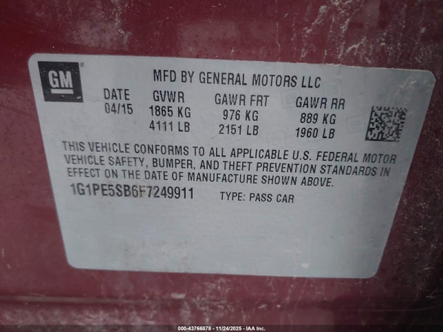 1G1PE5SB6F7249911 Chevrolet Cruze 2lt Auto