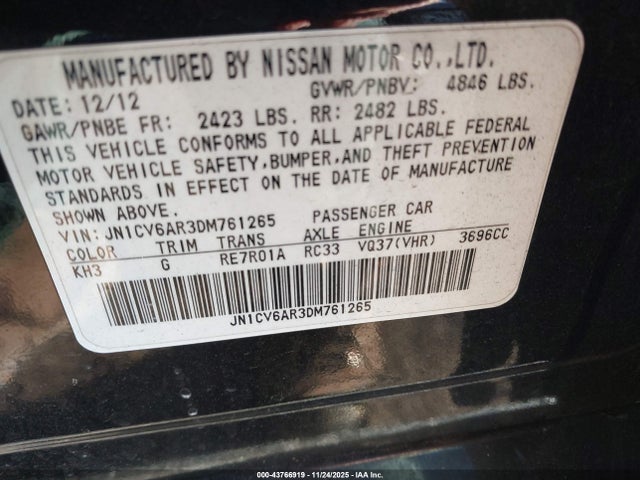 Продажа на аукционе авто 2013 Infiniti G37x, vin: JN1CV6AR3DM761265, номер лота: 43766919