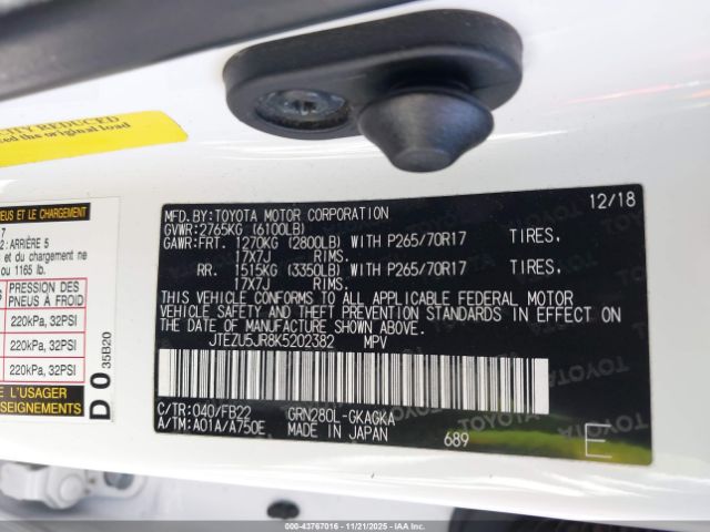 2019 TOYOTA 4RUNNER JTEZU5JR8K5202382 Photo 8