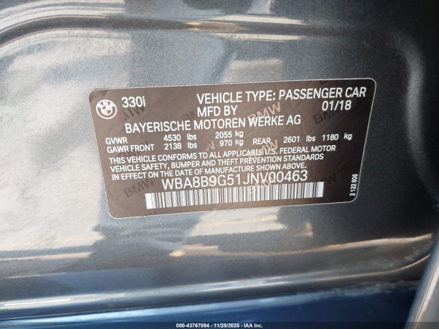 Продаж на аукціоні авто 2018 Bmw 330i, vin: WBA8B9G51JNV00463, номер лоту: 43767094