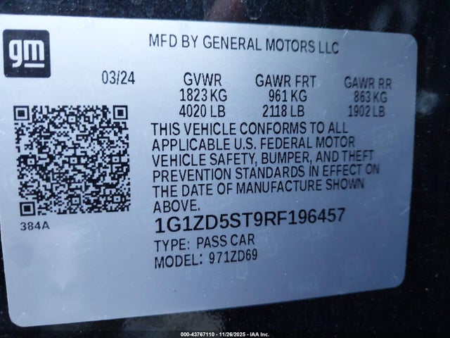 1G1ZD5ST9RF196457 Chevrolet Malibu Fwd 1lt