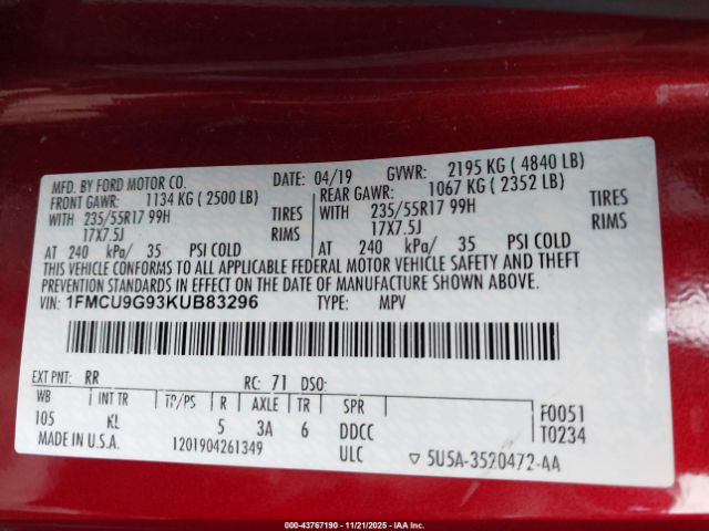 2019 FORD ESCAPE 1FMCU9G93KUB83296 Photo 8