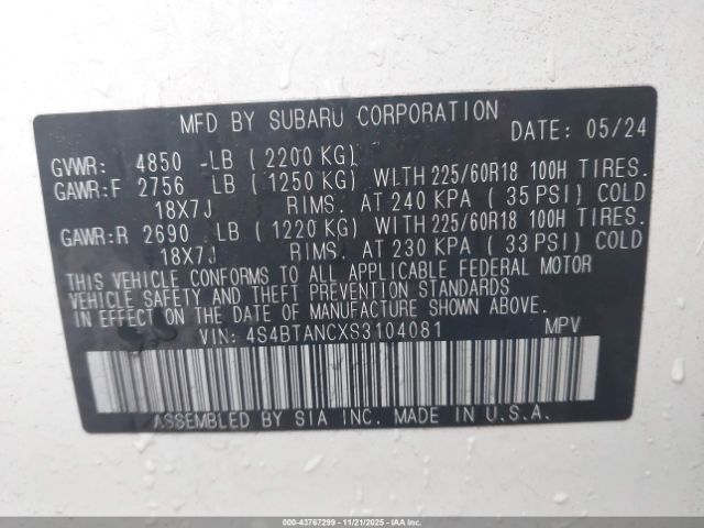 2025 SUBARU OUTBACK 4S4BTANCXS3104081 Photo 8