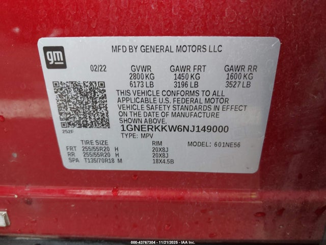 1GNERKKW6NJ149000 Chevrolet Traverse Fwd Premier