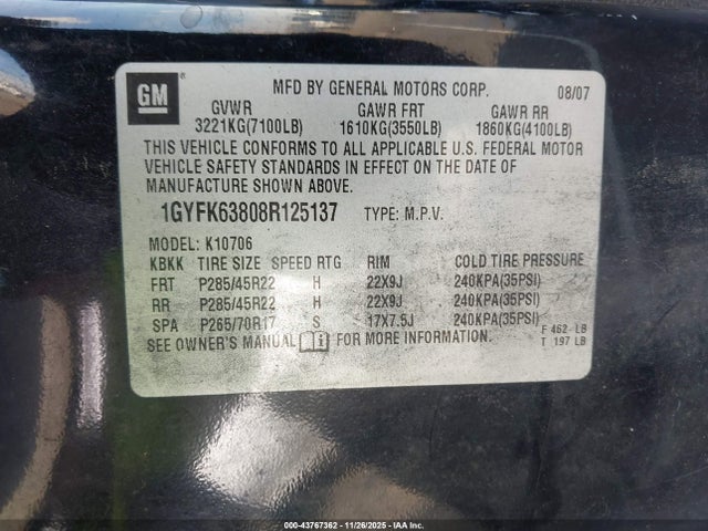 2008 CADILLAC ESCALADE 1GYFK63808R125137 Photo 8