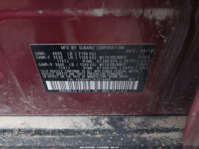 4S4BSAFC7K3219996 Subaru Outback 2.5i Premium