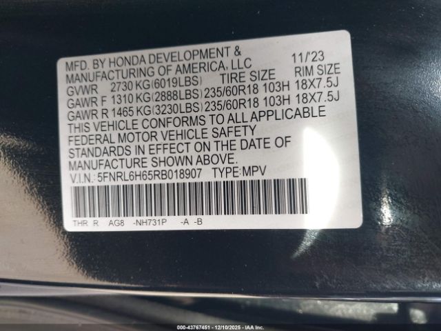 2024 HONDA ODYSSEY 5FNRL6H65RB018907 Photo 8