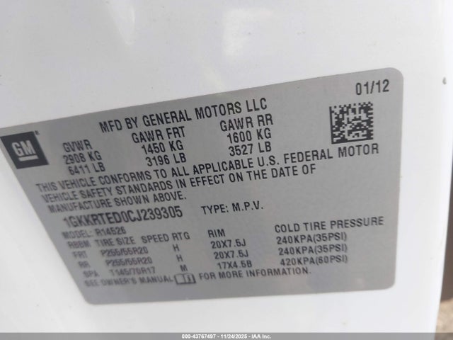 2012 Gmc Acadia Denali მანქანა იყიდება აუქციონზე, vin: 1GKKRTED0CJ239305, აუქციონის ნომერი: 43767497