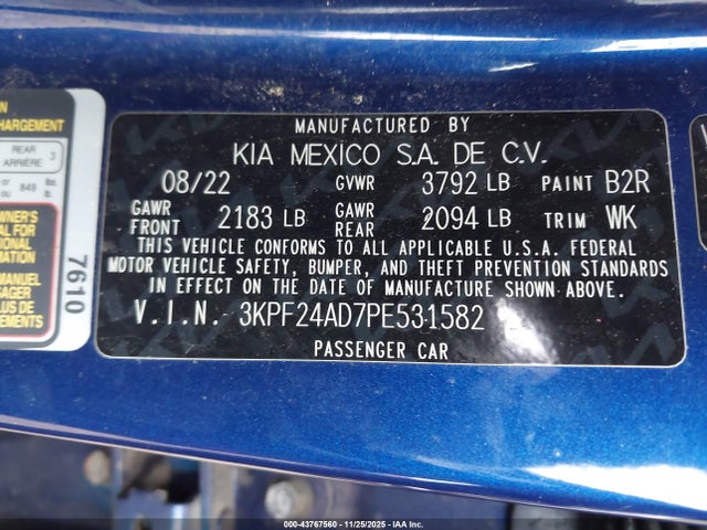 43767560 :رقم المزاد ، 3KPF24AD7PE531582 vin ، 2023 Kia Forte Lxs مزاد بيع