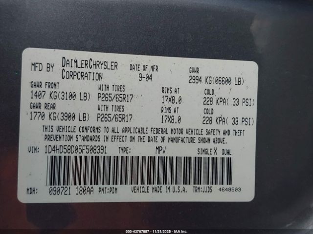 2005 DODGE DURANGO 1D4HD58D05F508391 Photo 8