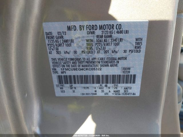 2012 FORD ESCAPE 1FMCU9EG4CKC05322 Photo 8