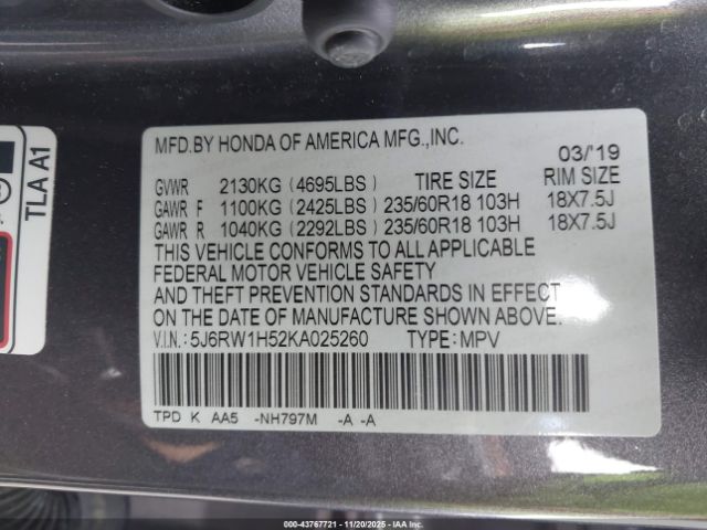 2019 HONDA CR-V 5J6RW1H52KA025260 Photo 8