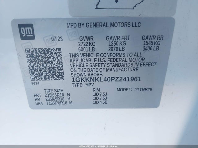 43767805 :رقم المزاد ، 1GKKNKL40PZ241961 vin ، 2023 Gmc Acadia Fwd Sle مزاد بيع