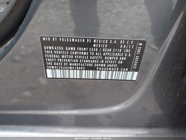 2012 Volkswagen Jetta 2.0l Tdi მანქანა იყიდება აუქციონზე, vin: 3VW3L7AJ4CM418693, აუქციონის ნომერი: 43767976
