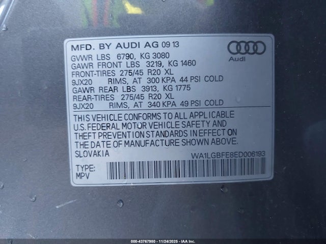 2014 Audi Q7 3.0t Premium მანქანა იყიდება აუქციონზე, vin: WA1LGBFE8ED006193, აუქციონის ნომერი: 43767980