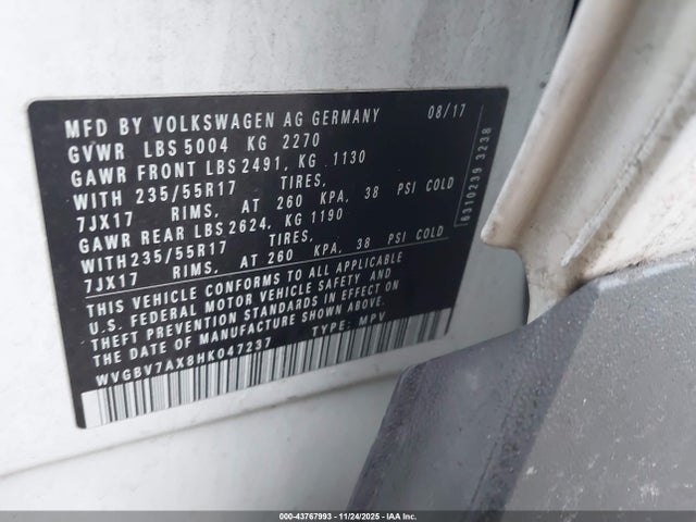 43767993 :رقم المزاد ، WVGBV7AX8HK047237 vin ، 2017 Volkswagen Tiguan 2.0t/2.0t S مزاد بيع