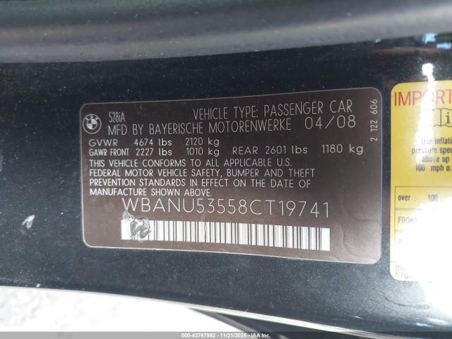 2008 Bmw 528i მანქანა იყიდება აუქციონზე, vin: WBANU53558CT19741, აუქციონის ნომერი: 43767992
