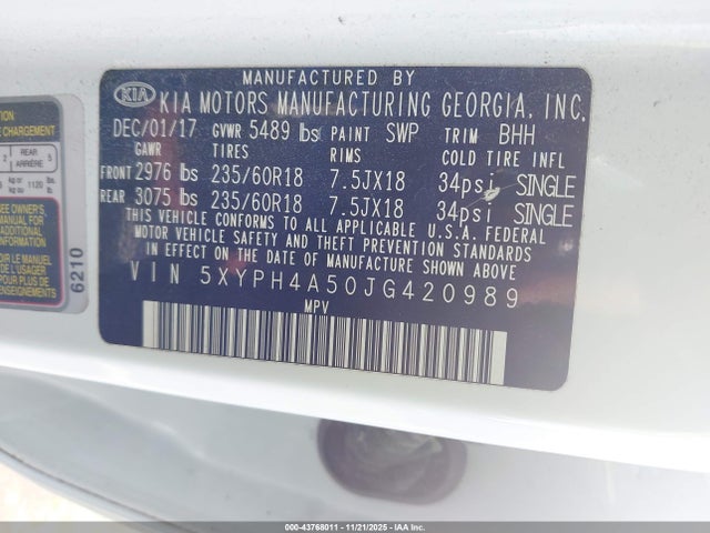 Продаж на аукціоні авто 2018 Kia Sorento 3.3l Ex, vin: 5XYPH4A50JG420989, номер лоту: 43768011