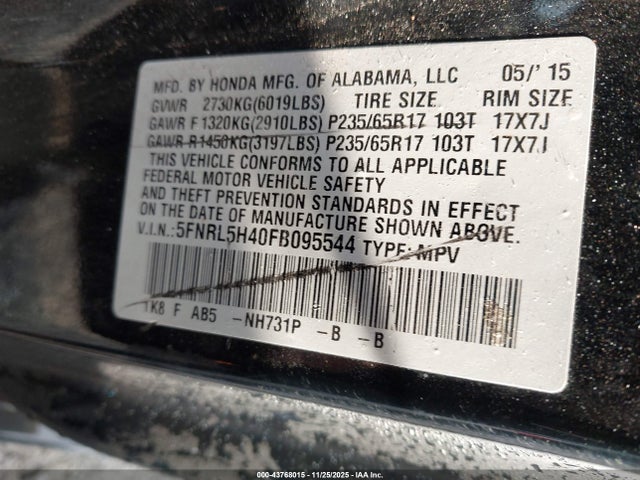 Продаж на аукціоні авто 2015 Honda Odyssey Ex, vin: 5FNRL5H40FB095544, номер лоту: 43768015