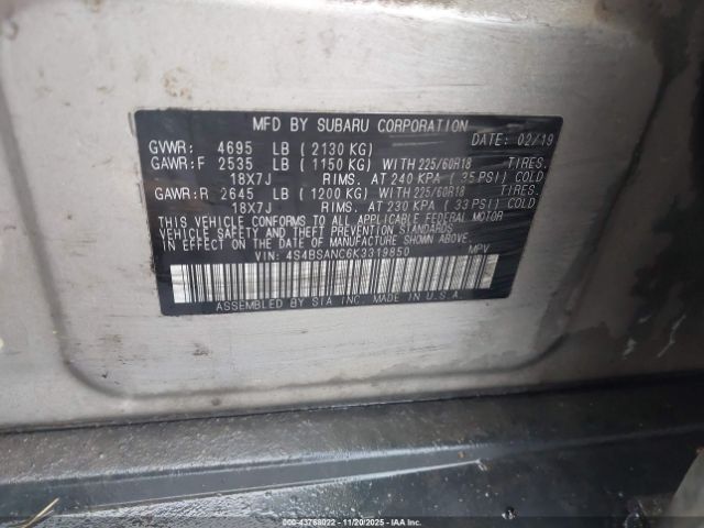 2019 SUBARU OUTBACK 4S4BSANC6K3319850 Photo 8