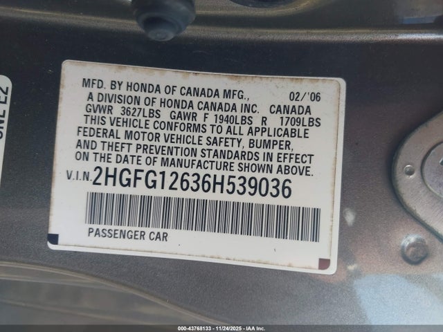 Продажа на аукционе авто 2006 Honda Civic Lx, vin: 2HGFG12636H539036, номер лота: 43768133