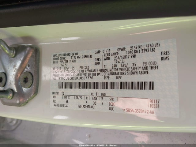 Продажа на аукционе авто 2019 Ford Escape Se, vin: 1FMCU9GD5KUB07776, номер лота: 43768149