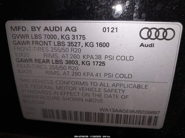 43768159 :رقم المزاد ، WA13AAGE9MB026697 vin ، 2021 Audi E-tron Sportback Prestige Quattro مزاد بيع