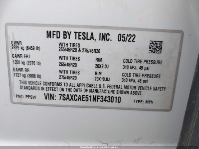 2022 TESLA MODEL X 7SAXCAE51NF343010 Photo 8