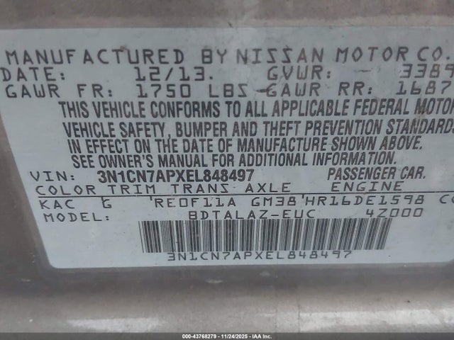 Aukcja sprzedaży 2014 Nissan Versa 1.6 S+, vin: 3N1CN7APXEL848497, numer aukcji: 43768279