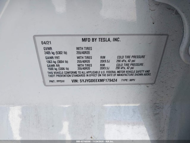 2021 TESLA MODEL Y 5YJYGDEEXMF179424 Photo 8