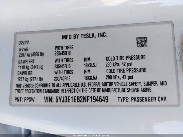 2022 TESLA MODEL 3 5YJ3E1EB2NF194649 Photo 8
