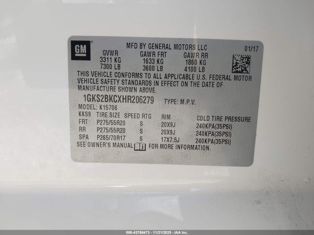 1GKS2BKCXHR206279 GMC YUKON SLT