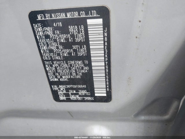 JN8AE2KP7G9156848 Nissan Quest Platinum/s/sl/sv