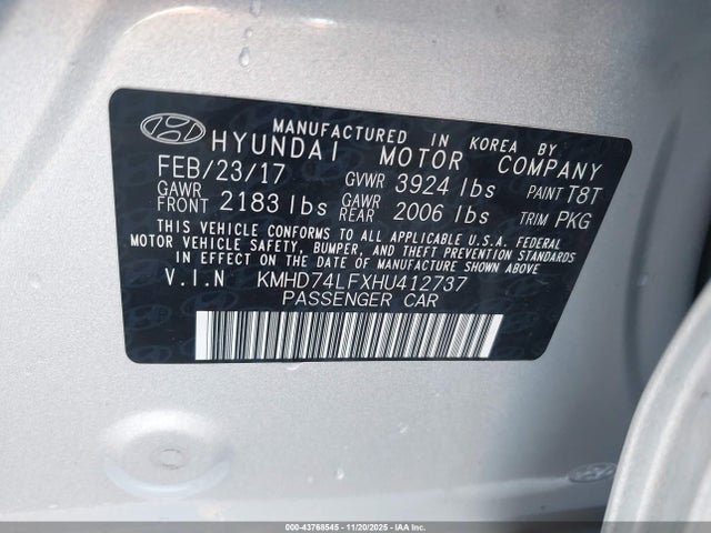 KMHD74LFXHU412737 Hyundai ELANTRA SE