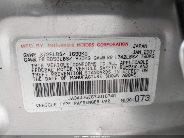2007 MITSUBISHI LANCER JA3AJ26E67U016740 Photo 8