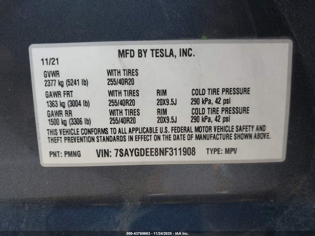 2022 TESLA MODEL Y 7SAYGDEE8NF311908 Photo 8