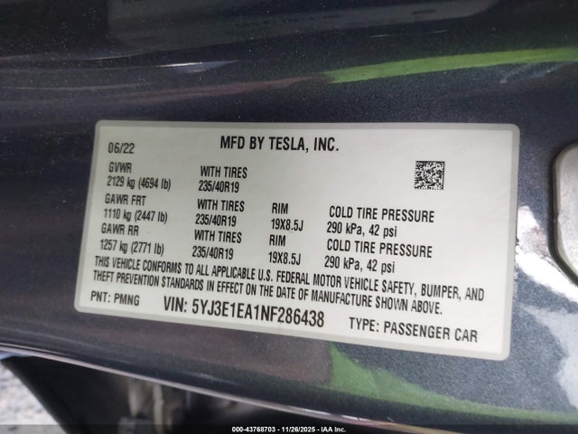 2022 TESLA MODEL 3 5YJ3E1EA1NF286438 Photo 8