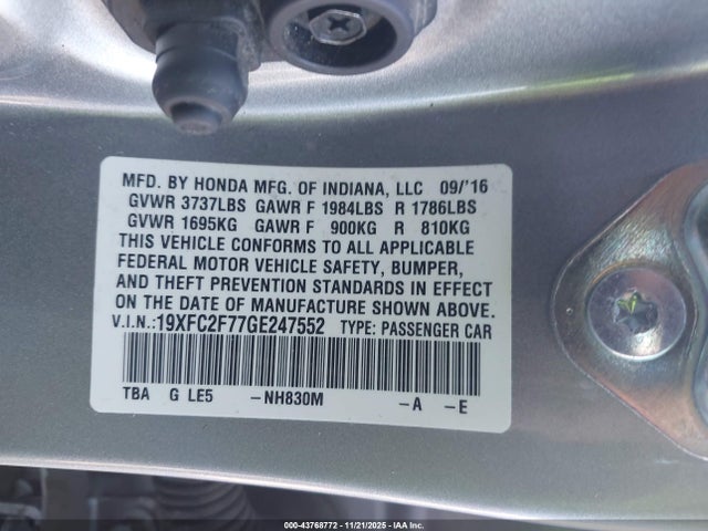43768772 :رقم المزاد ، 19XFC2F77GE247552 vin ، 2016 Honda Civic Ex مزاد بيع
