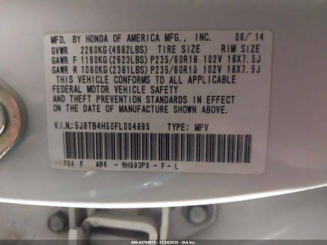 Aukcja sprzedaży 2015 Acura Rdx, vin: 5J8TB4H50FL004895, numer aukcji: 43768815