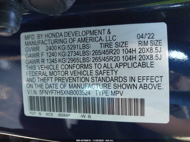 5FNYF7H5XNB003524 Honda Passport 2wd Ex-l