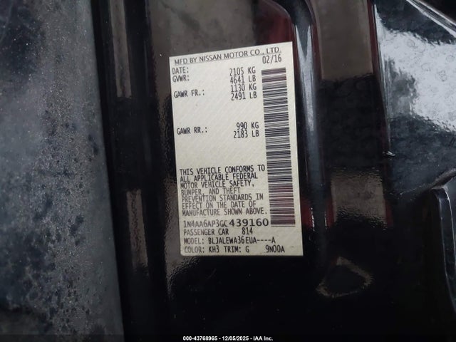 Продаж на аукціоні авто 2016 Nissan Maxima 3.5 Sl, vin: 1N4AA6AP3GC439160, номер лоту: 43768965
